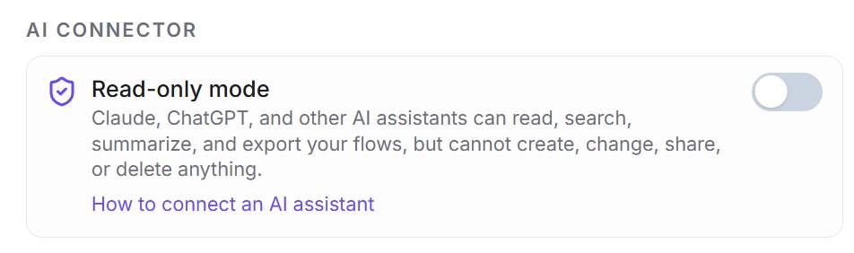In Settings, AI connector, turn on Read-only mode if AI tools should only read and export your flows.