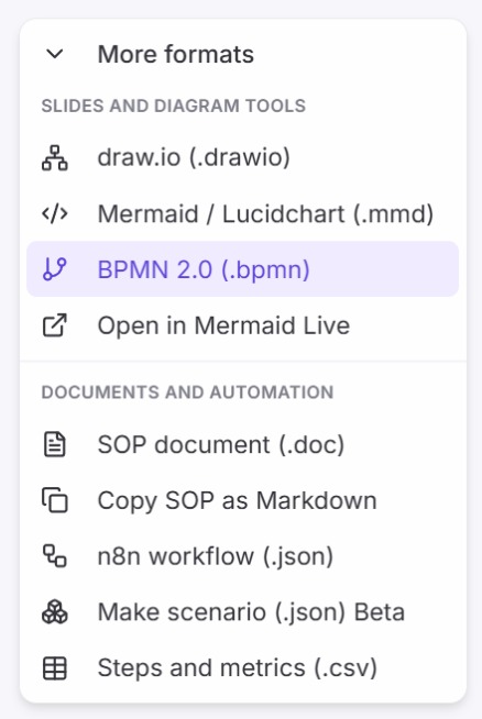 Open Export and pick BPMN 2.0 (.bpmn).