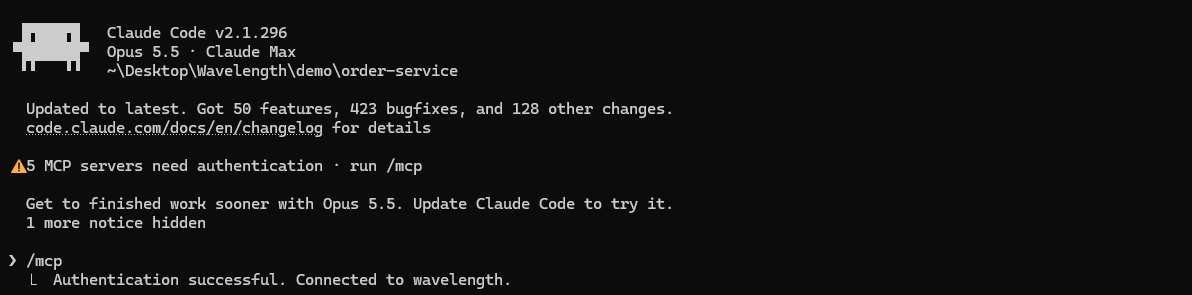 After you sign in with your Wavelength account, Claude Code shows that it is connected to wavelength.