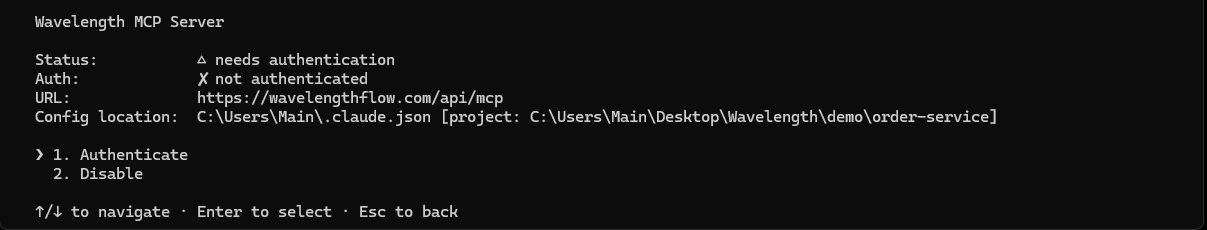 After you add the server, type /mcp in Claude Code, select wavelength, and choose Authenticate.