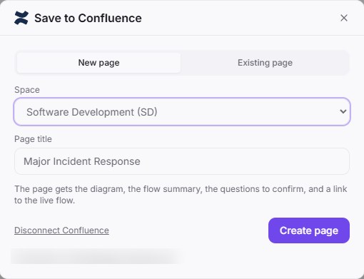 Open Export, then Save to Confluence. Pick the space and the page title.