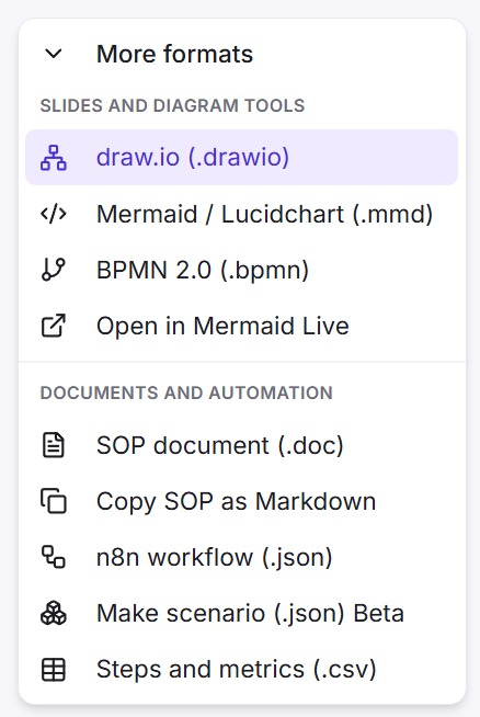 Open Share, then More formats, and pick draw.io (.drawio).