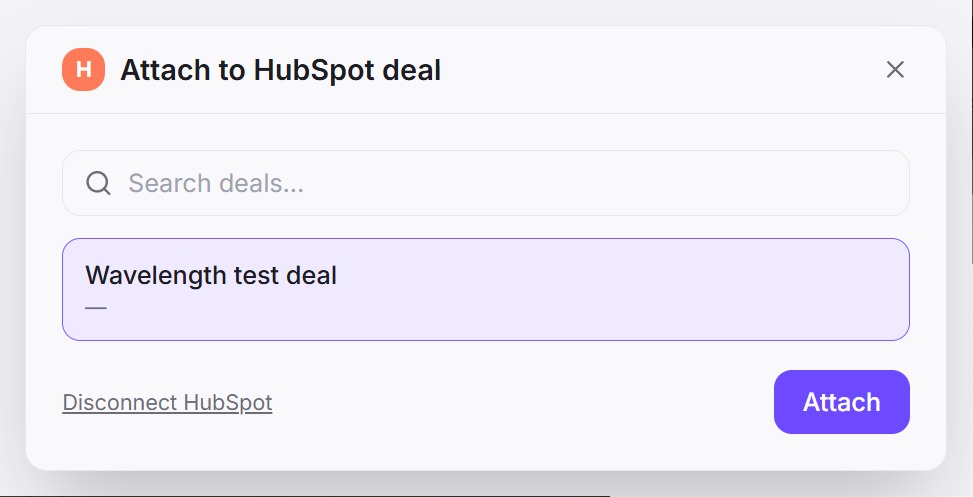 Open Export, then Attach to HubSpot deal. Pick the deal.