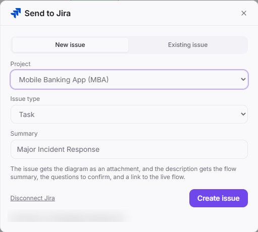 Open Export, then Send to Jira. Pick the project and the issue type.