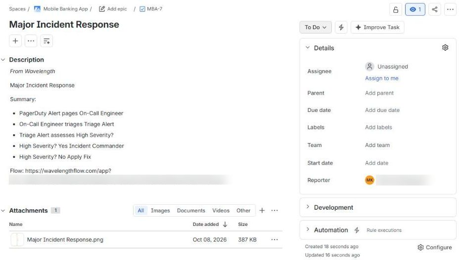 The new Jira issue has the flow summary in the description and the diagram as an attachment.