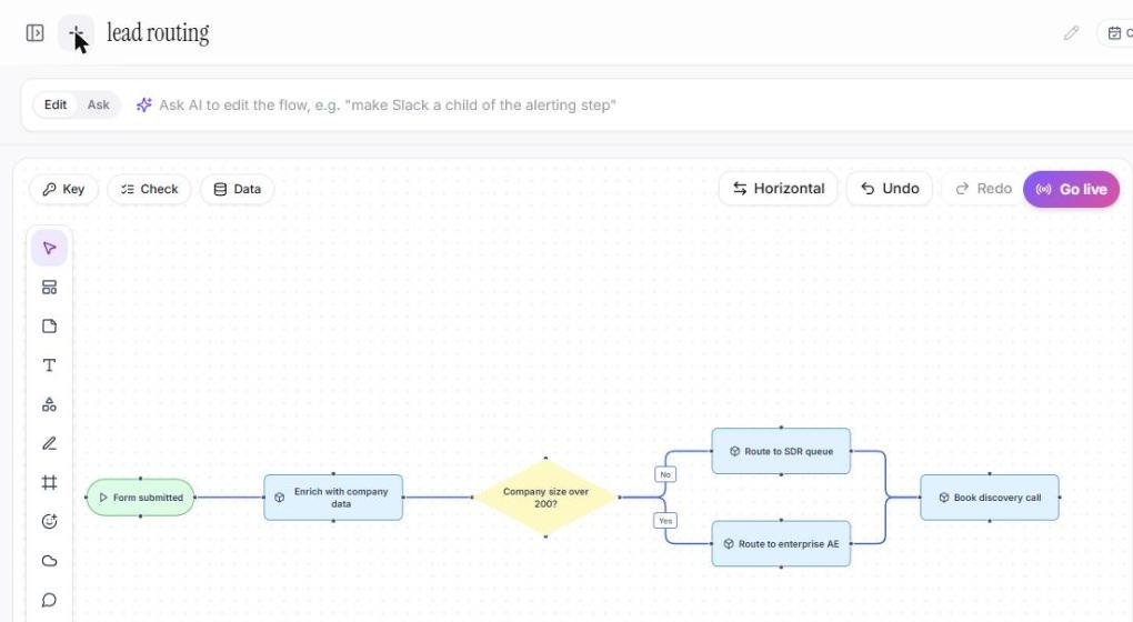 Upload a .mmd file. The flowchart opens as an editable flow, and the decision keeps both branches.