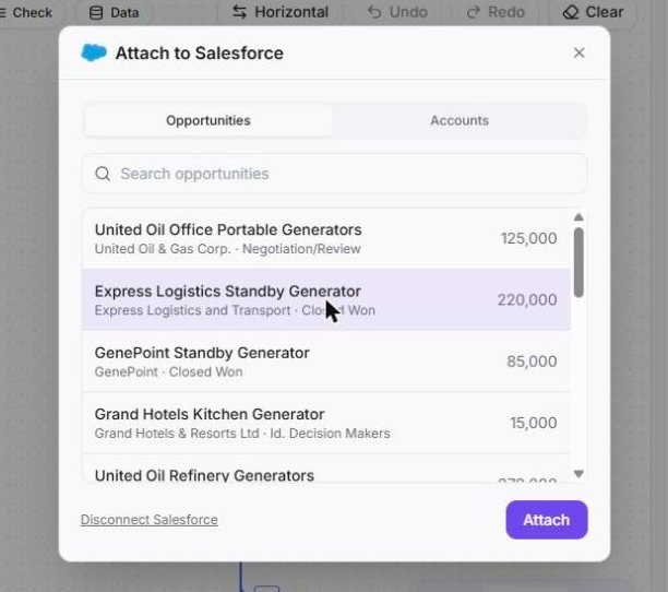 Open Export, then Attach to Salesforce. Pick an Opportunity or an Account.