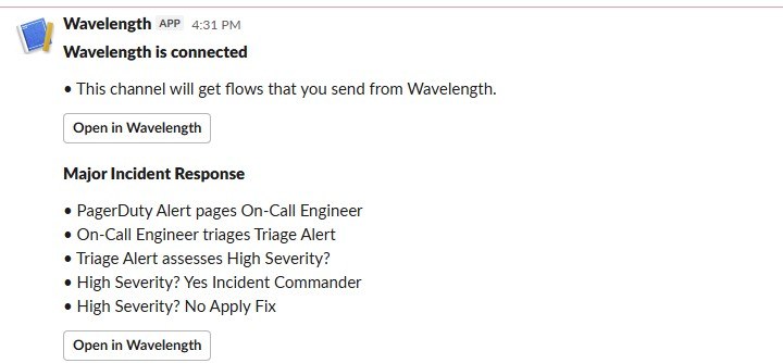 The Slack message has the flow title, a step summary, and an Open in Wavelength button.