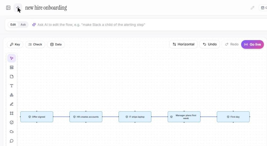 Upload a .vsdx file in the transcript panel. The shapes and connectors become an editable flow.