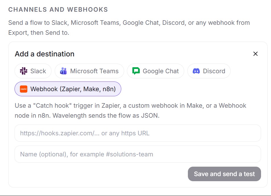 In Settings, then Channels and webhooks, add the Catch Hook URL as a webhook.