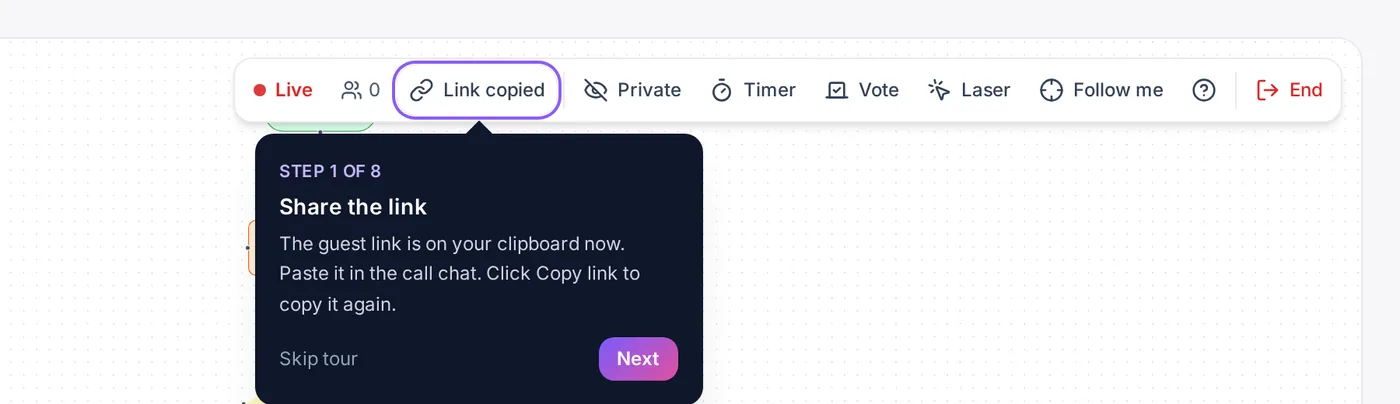 The first step of the live session tour, under the Copy link button